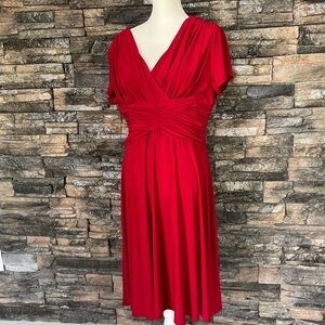 NorthStyle Red Wrap Midi Dress with Pleated V-Neck